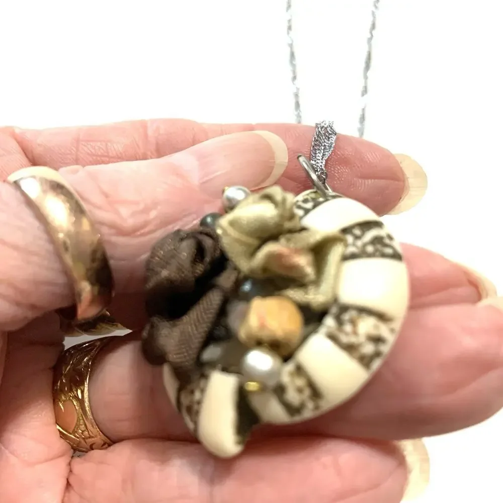 Artisan Pendant Necklace Faux Pearl Ribbon Etched Base 18K WG Plated Chain 17